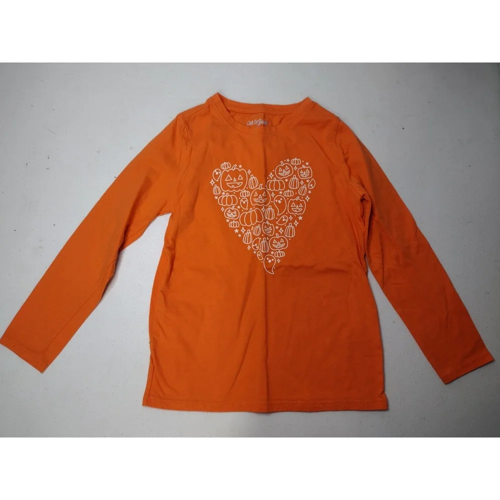 Cat & Jack Girls Orange Halloween Heart Pumpkin Ghost Long Sleeve Shirt Size S